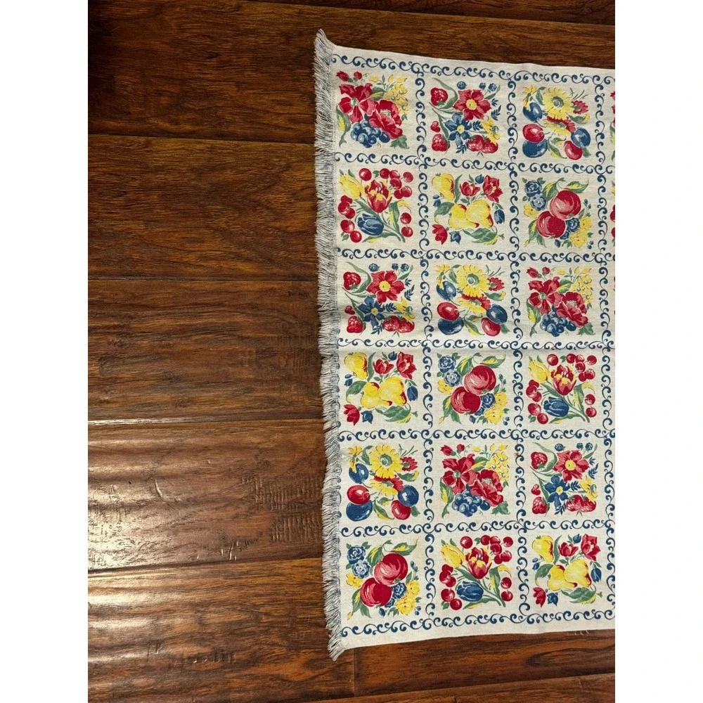 Vintage Fruit Floral Tile Print Fringed Linen Kitchen Towel Table Runner 47x29